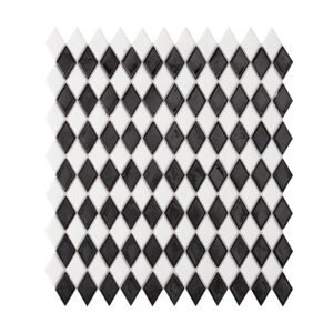 Obverse side of black and white checkerboard diamond glass mosaic tiles.