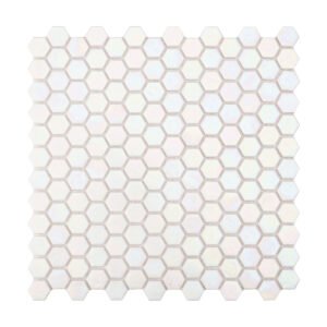 Hexagonal glass mosaic tiles with iridescent rainbow and white hues in a single sheet view.