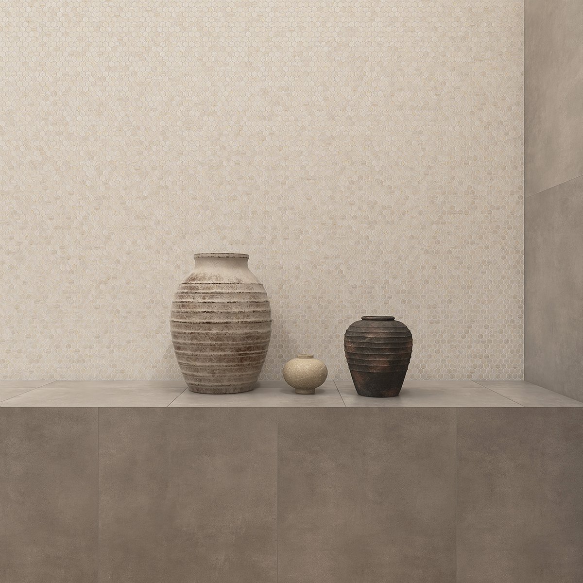 Hexagon Beige Glass Mosaic Wall Tile on bathroom walls, adding texture and style