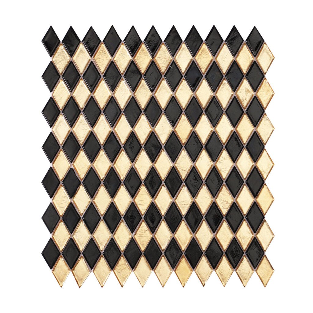 Mosaïque en verre – noir / doré, motif damier, en losange