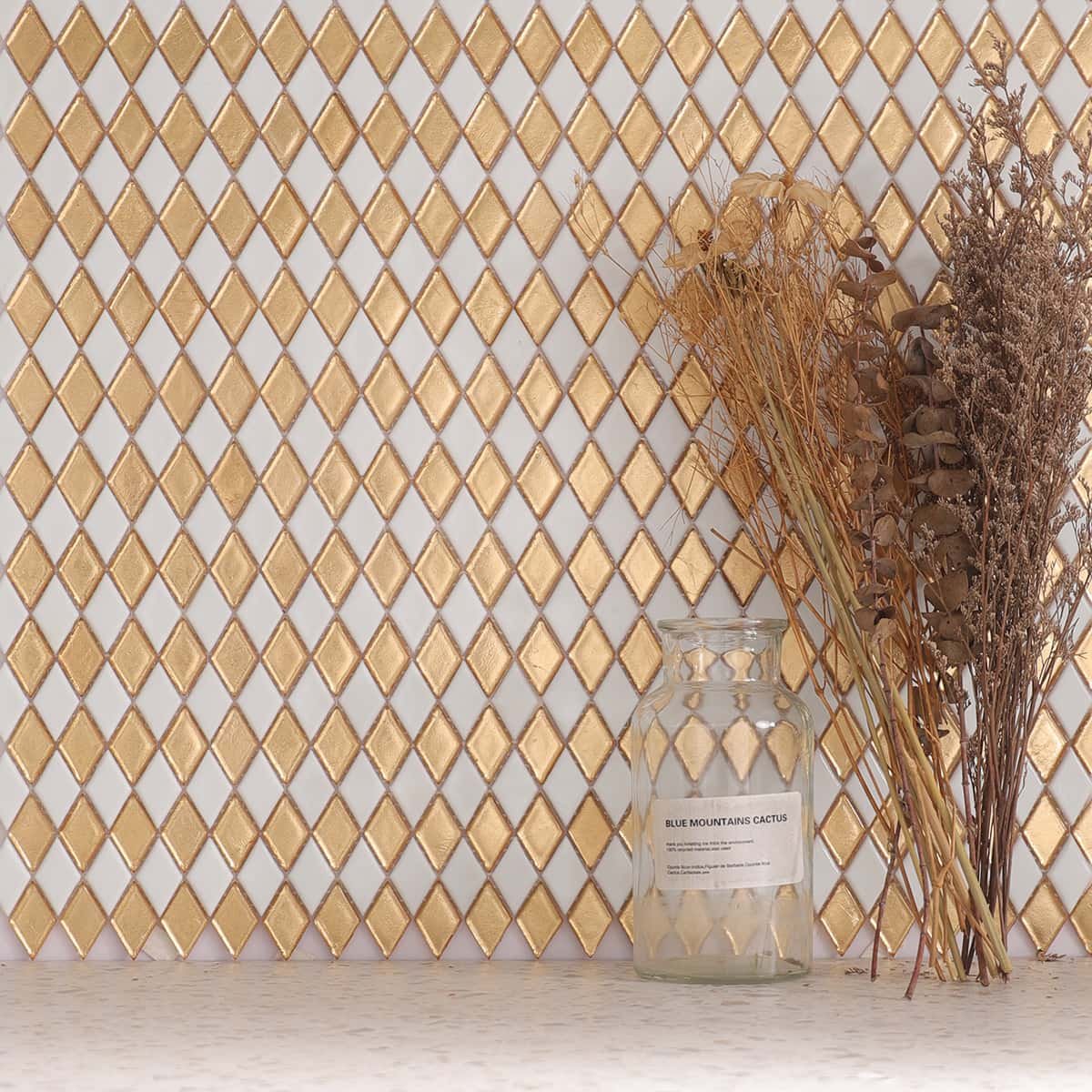 Gold&White Checkerboard Diamond Glass Mosaic Tiles