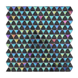 Checkerboard pattern with black iridescent triangle glass mosaic tiles in a single sheet view.