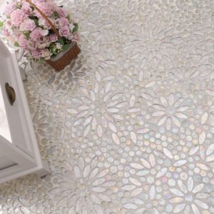 Opalescent Oval Flower Glass Mosaic Floor Tiles with a white table and pink flower bouquet