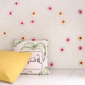 Mosaïque en verre – doré / rose, petits ronds, motif floral