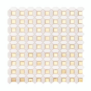 Sheet of gold and white glass mosaic tiles, showing the front side