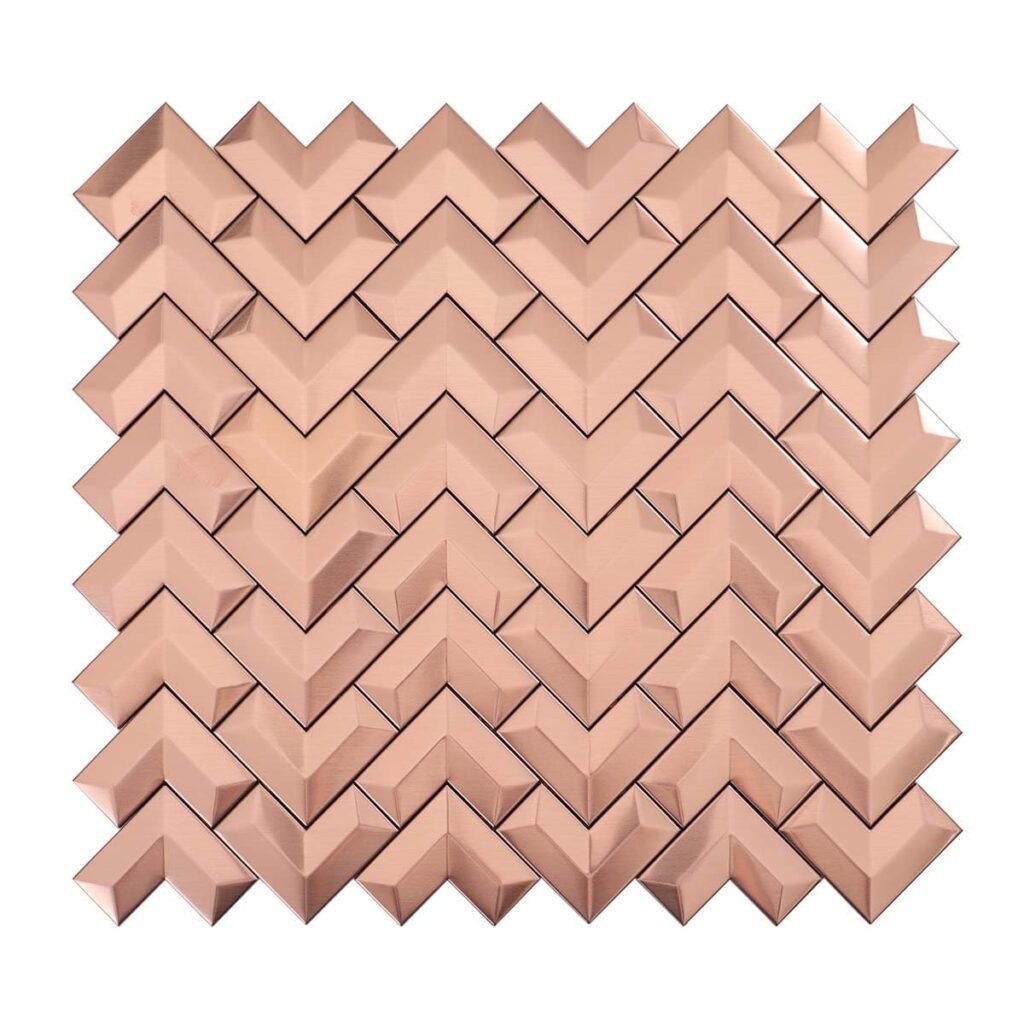 Piastrelle a mosaico in acciaio inossidabile – oro rosa / dorato, chevron, 3D, spazzolato