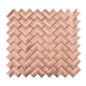 Front view of 3D brushed rose gold stainless chevron mosaic