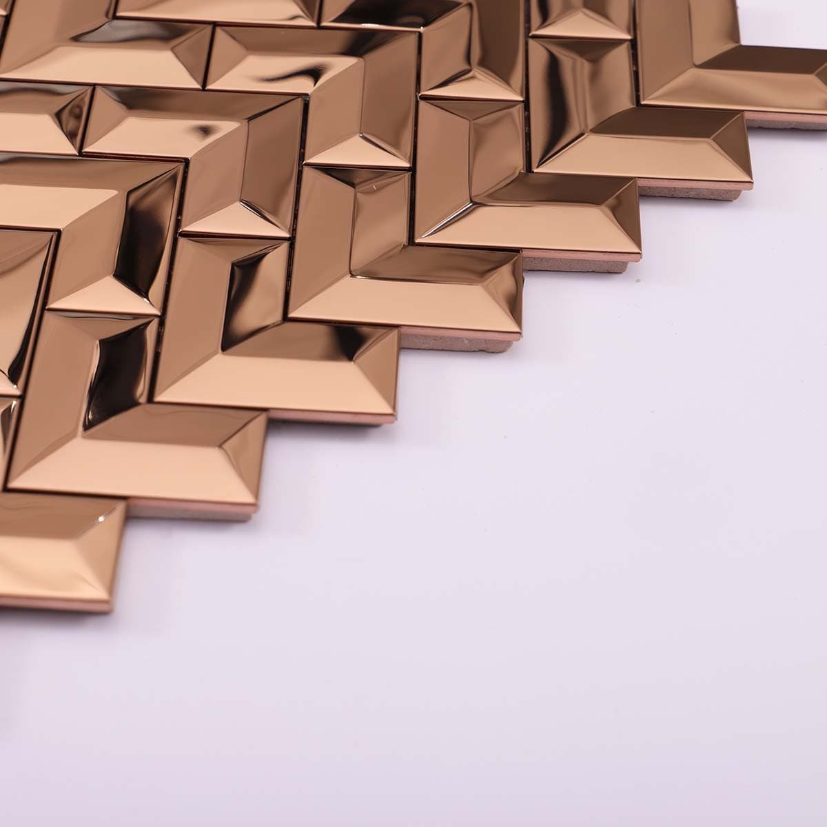 Side view of 3D rose gold stainless steel chevron mosaic layout