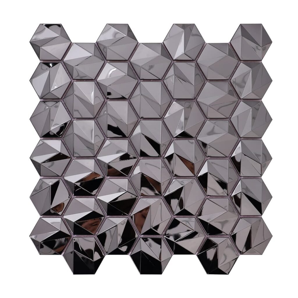 Mosaikfliesen aus Edelstahl – Schwarz, Sechsecke, Spiegeloptik, 3D-Struktur