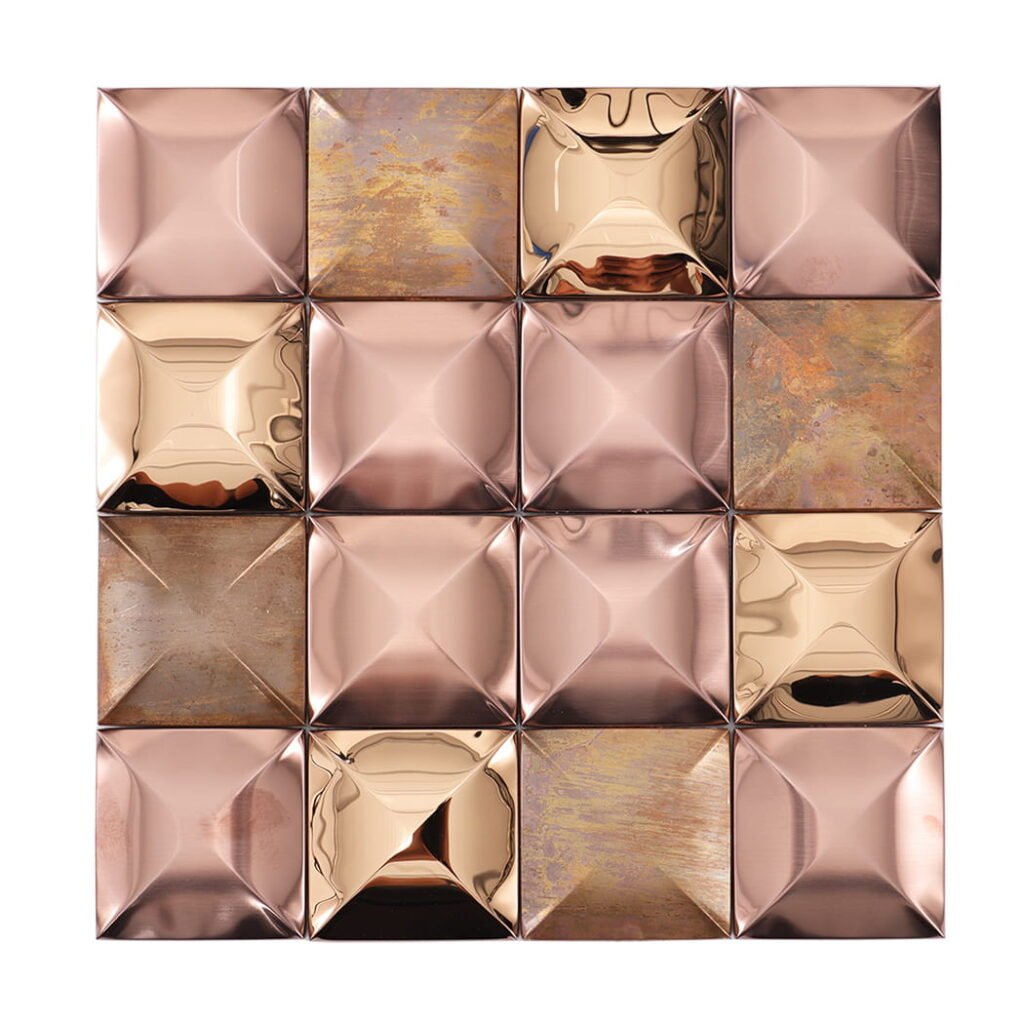 3D-metallmosaik i roséguld av rostfritt stål och koppar för köksstänkskydd