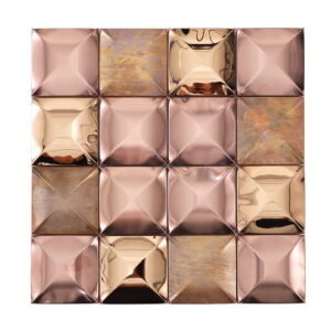 Front view of 3D rose gold and copper metal mosaic tile with glossy and rustic finish.