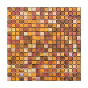Square glass mosaic tiles in shades of gold, bronze, and red with a glossy, radiant effect