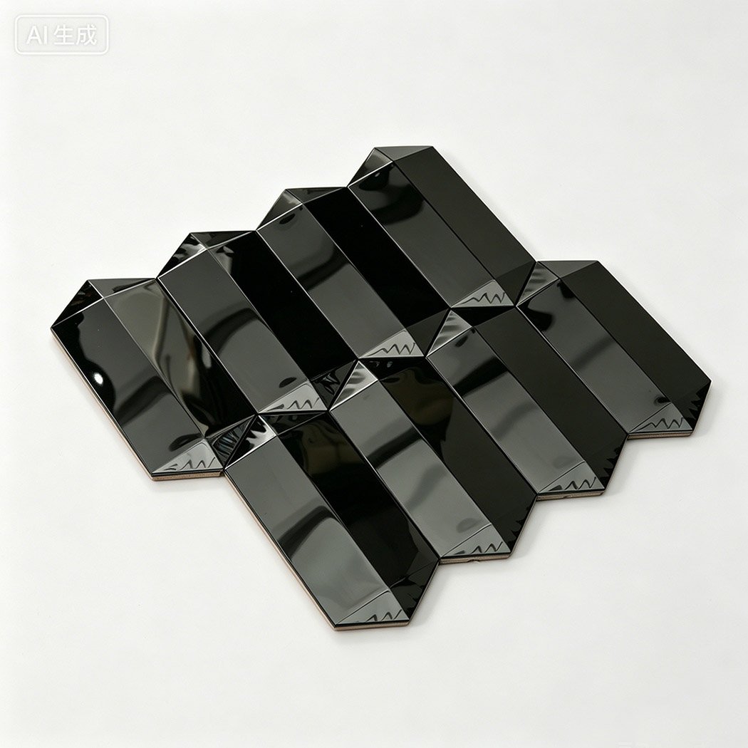 Angled view of black mirror picket mosaic tile sheet with reflective 3D bevels