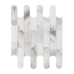 Beige gray and white interlocking rounded linear glass mosaic tile sheet