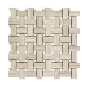 Beige marble basketweave mosaic tile sheet with small white square accents
