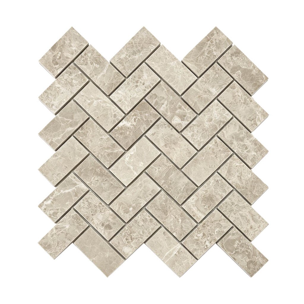 Piastrelle a mosaico in marmo – beige, a spina di pesce