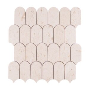 Front view of beige marble mosaic tile with arched pattern