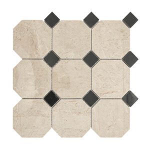 Beige marble octagon mosaic tile sheet with polished black square accents