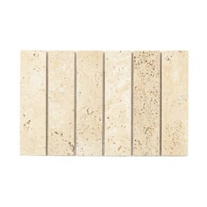 Front view of beige travertine rectangular mosaic tile with natural porous texture