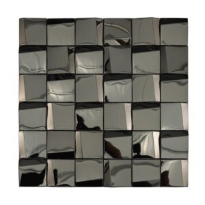 Full sheet of black chrome 3D square mosaic tiles with reflective angled surfaces.