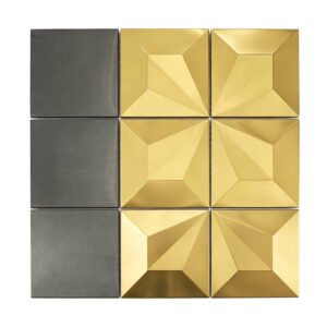 Black and gold square metal mosaic tile sheet with raised 3D center pieces