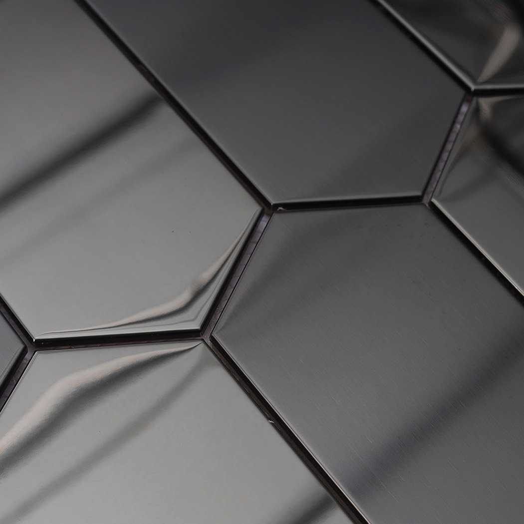 Black hexagon stainless steel mosaic seam detail brushed and glossy contrast