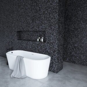 Black and gray mosaic tiles used in a luxurious bathroom setting with a modern tub