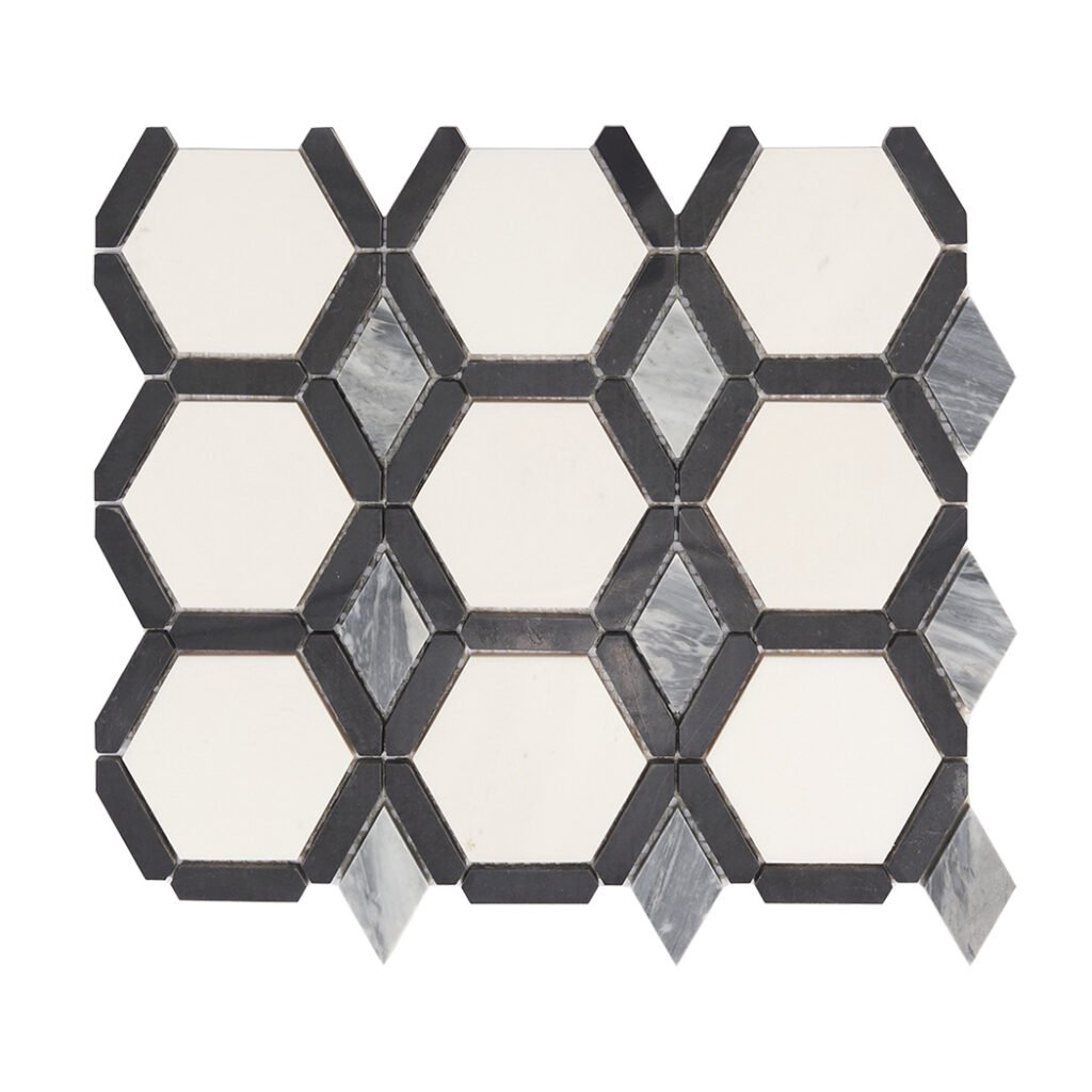 Piastrelle a mosaico in marmo – bianco / nero / grigio, esagonale, a rombo