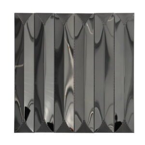 Front view of black glossy 3D strip stainless steel mosaic tile sheet.
