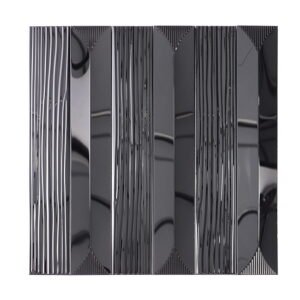 Front view of glossy black metal mosaic tile with vertical striped texture.