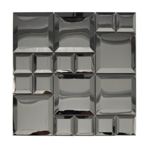 Front view of black stainless steel beveled square mosaic tile with reflective surface