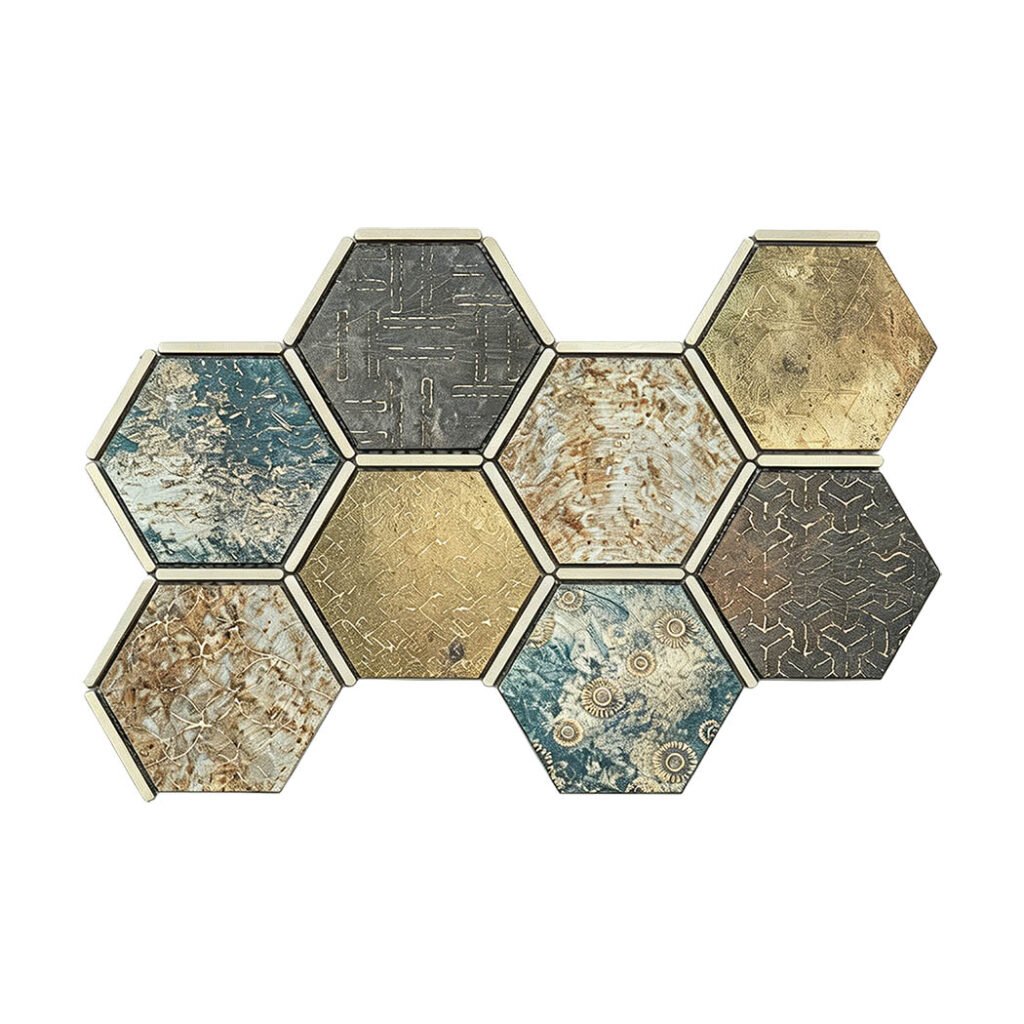 Mosaikfliesen aus Aluminium – Blau / Bronzefarben, Sechsecke, für Wände