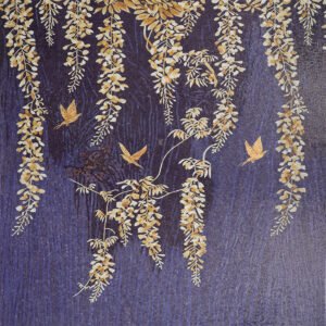 Full blue glass mosaic mural with golden birds and hanging floral vines