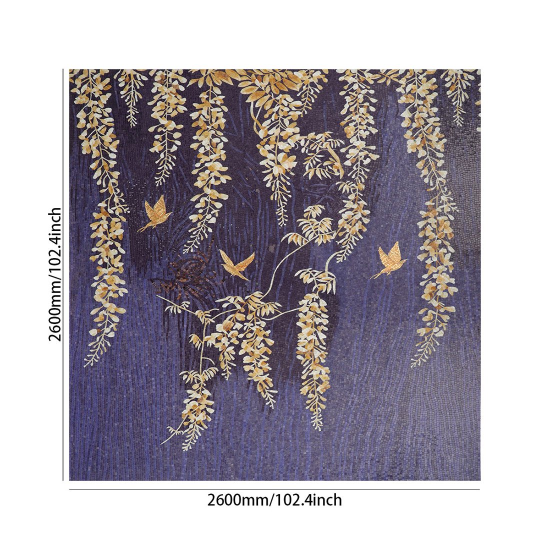 Blue gold vine bird mosaic mural shown with 2600mm by 2600mm size