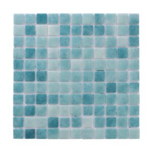 Front view of blue green recycled glass mosaic tile sheet.