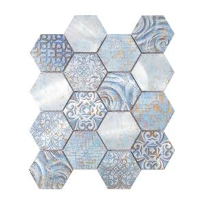 Blue hexagon mosaic tile with mixed vintage patterns