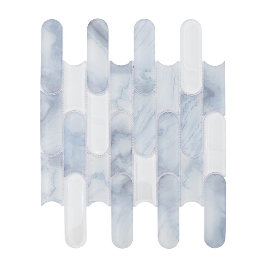 Blauw-witte capsulevormige glasm mozaïek voor moderne badkamers in kuststijl, wasruimtes en caféachterwanden
