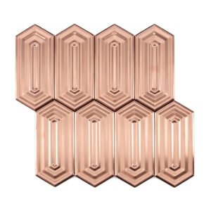 Full view brushed rose gold hexagon metal mosaic tile sheet on white background