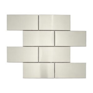 Brushed silver stainless steel subway mosaic tile in staggered brick pattern