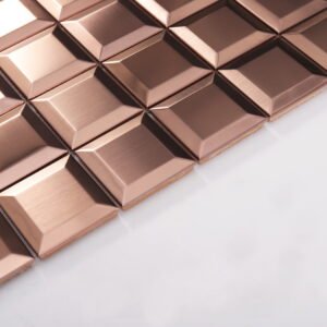 Mosaik av borstat rostfritt stål i roséguld med fasade kanter för badrumsväggar