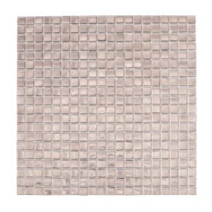 Front view of champagne silver foil glass square mosaic tile sheet on white background