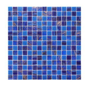 Close-up of blue mosaic tiles with vibrant swirls and rich tones.