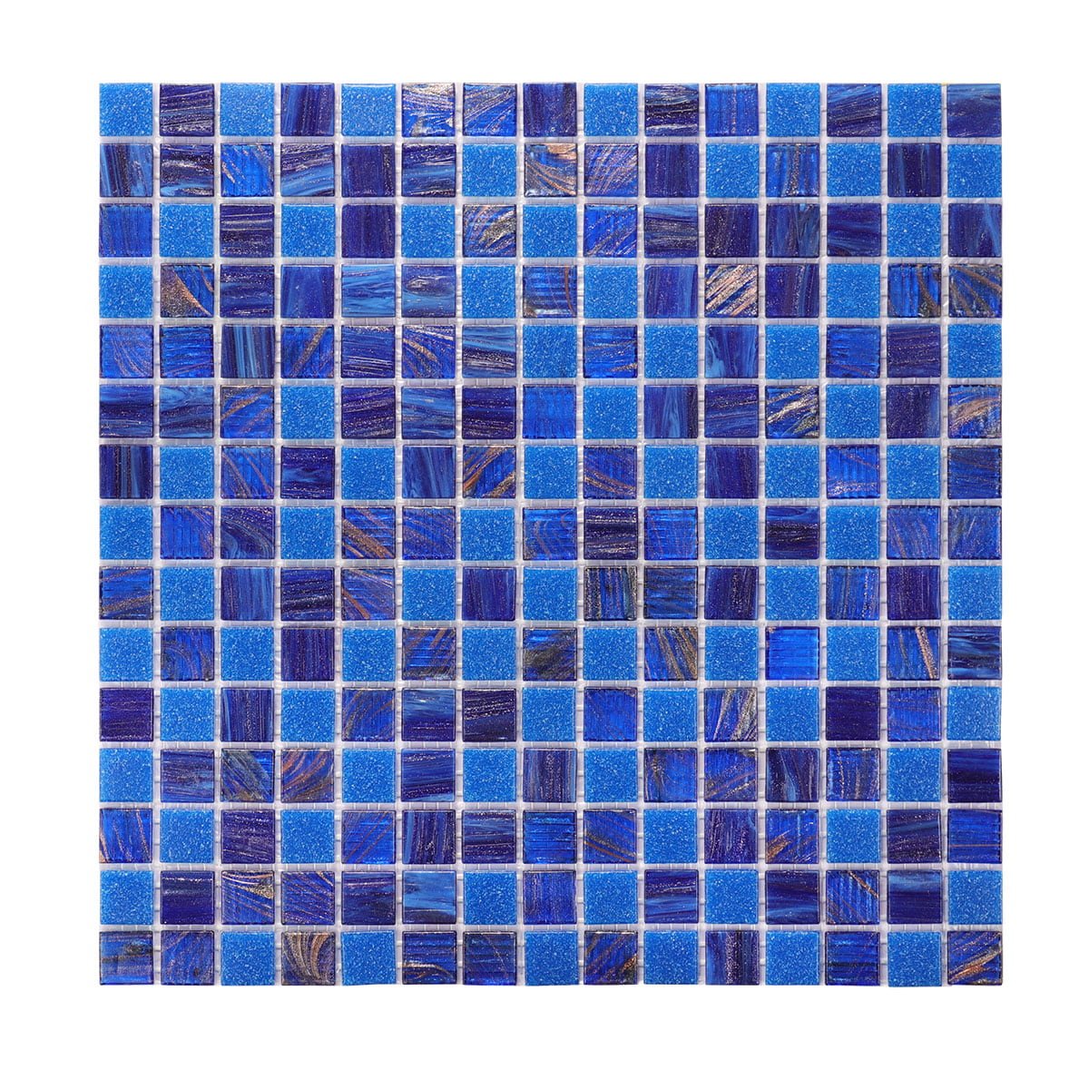 Close-up of blue mosaic tiles with vibrant swirls and rich tones.