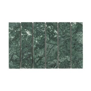 Front view of dark green marble strip tile with natural white veins and mottled texture