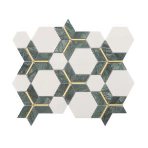 Full sheet of dark green and white marble hexagon mosaic tile with gold metal lines