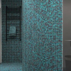 Dark teal mosaic tiles on curved bathroom walls, adding depth with rich blue-green hues