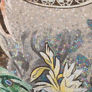 Handgefertigtes Glasmosaikbild – Pfau mit grünem Federkleid auf Gold