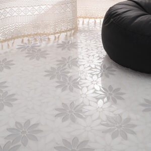 Side angle view of white flower mosaic floor