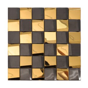 Full view of gold and black 3D glossy stainless steel backsplash tiles