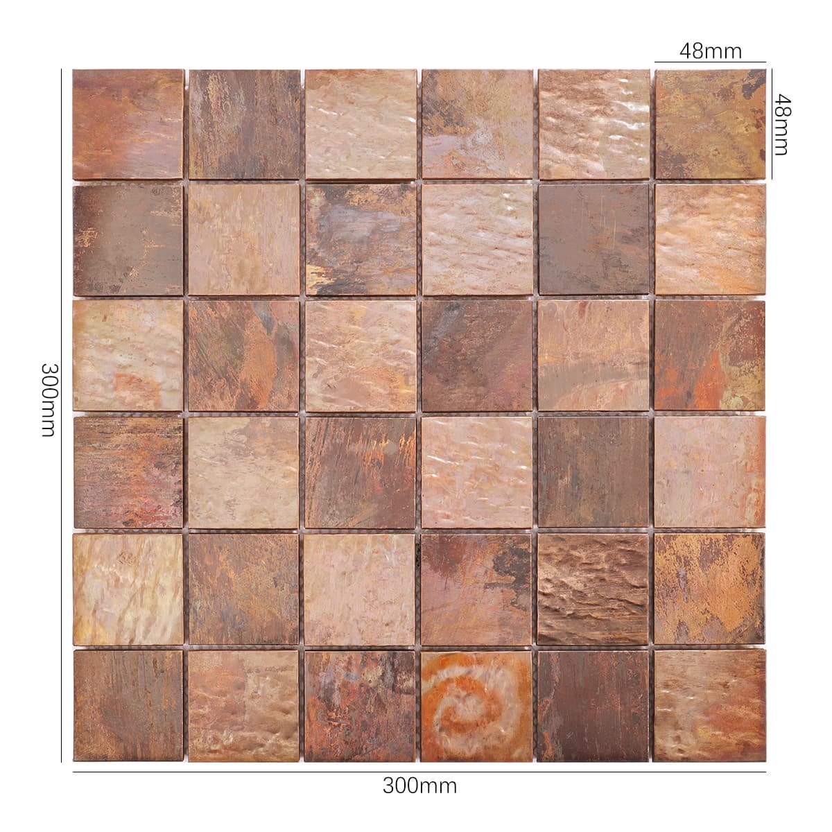 Front view of antique copper mosaic tile sheet with size labels